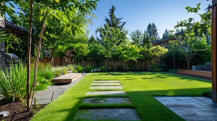 Fototapeta premium Modern the lawn grassland with fence and trees around the back yard area