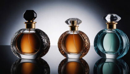 A collection of beautifully shaped crystal-clear perfume bottles elegantly displayed on a dark luxurious backdrop. This striking image is ideal for fragrance industry advertisements and branding.