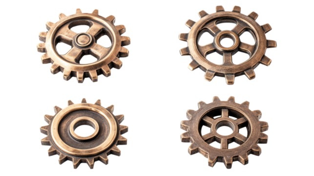 Old Brass Metal Gears Arranged Artistically on a White Background Generative AI
