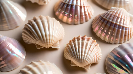 Isolated seashells on a beige background, perfect for summer decoration.