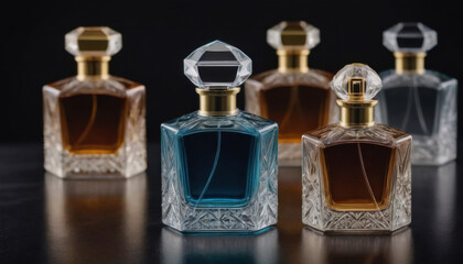 A collection of beautifully shaped crystal-clear perfume bottles elegantly displayed on a dark luxurious backdrop. This striking image is ideal for fragrance industry advertisements and branding.