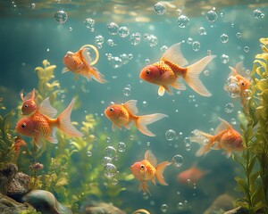Dreamlike underwater landscape showcasing fantastical fish and plants, with ethereal bubbles rising to the surface, creating a magical atmosphere