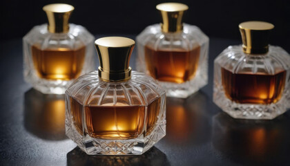 A collection of beautifully shaped crystal-clear perfume bottles elegantly displayed on a dark luxurious backdrop. This striking image is ideal for fragrance industry advertisements and branding.