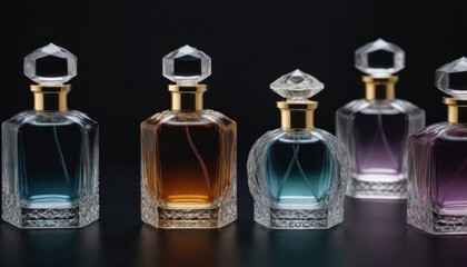 A collection of beautifully shaped crystal-clear perfume bottles elegantly displayed on a dark luxurious backdrop. This striking image is ideal for fragrance industry advertisements and branding.