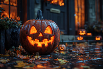 Seasonal lighting, including string lights and candles, enhances the eerie ambiance of Halloween nights. Concept of Halloween lighting.