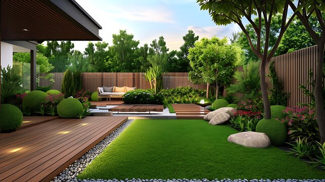 Nice modern backyard with teak flooring fence and emerald grown plants and trees