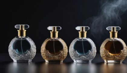 A collection of beautifully shaped crystal-clear perfume bottles elegantly displayed on a dark luxurious backdrop. This striking image is ideal for fragrance industry advertisements and branding.