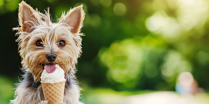 little dog eating ice cream in a waffle horn outdoors