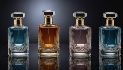 A collection of beautifully shaped crystal-clear perfume bottles elegantly displayed on a dark luxurious backdrop. This striking image is ideal for fragrance industry advertisements and branding.