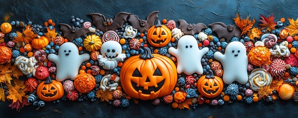 Delightful display of assorted Halloween cookies shaped like bats, pumpkins, and ghosts, surrounded by colorful candies and autumn decorations