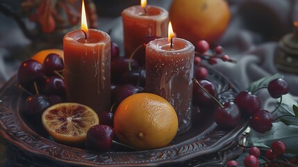 Obraz premium On a plate holding cherries and citrus several brown candles are burning