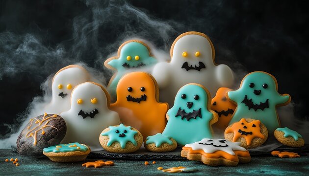 Creative portrayal of a Halloweenthemed candy and cookie assortment, with ghostly designs and bright colors, set against a dark, atmospheric backdrop