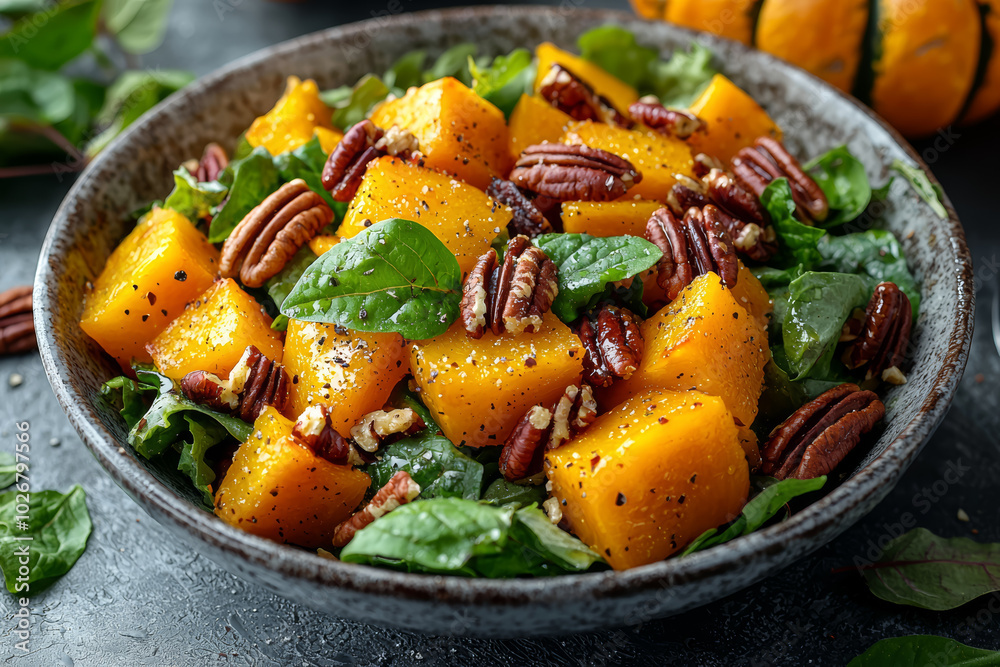 Sticker Autumn salads feature ingredients like roasted squash, apples, and pecans. Concept of autumn salads.