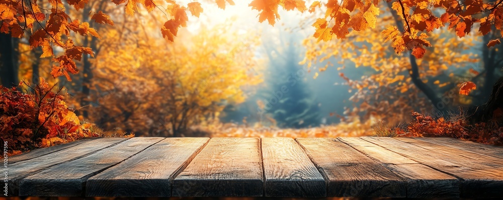 Poster elegant representation of a wooden table placed in a tranquil autumn forest, with soft light highlig