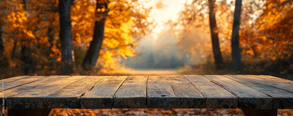 Poster elegant representation of a wooden table placed in a tranquil autumn forest, with soft light highlig