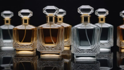 A collection of beautifully shaped crystal-clear perfume bottles elegantly displayed on a dark luxurious backdrop. This striking image is ideal for fragrance industry advertisements and branding.