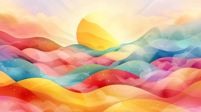 A joyful abstract landscape with a rainbow of colors in soft, fluid forms representing rolling hills, with playful, dotted clouds and a bright yellow sun. 8k UHD, suitable for high-quality printing 