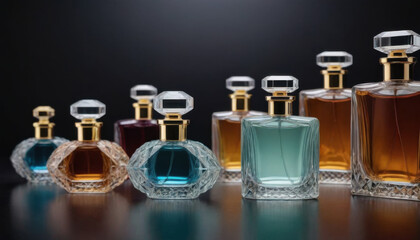 A collection of beautifully shaped crystal-clear perfume bottles elegantly displayed on a dark luxurious backdrop. This striking image is ideal for fragrance industry advertisements and branding.