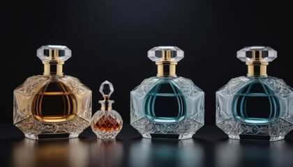 A collection of beautifully shaped crystal-clear perfume bottles elegantly displayed on a dark luxurious backdrop. This striking image is ideal for fragrance industry advertisements and branding.