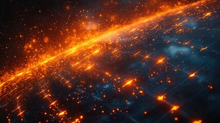 Fototapeta premium A stunning abstract representation of flowing lava on a cosmic backdrop, with sparks and glimmers across a dark space theme.