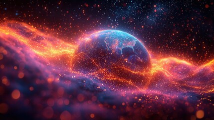 Obraz premium An artistic depiction of Earth surrounded by vibrant waves of cosmic energy and stellar dust in an expansive universe. A colorful, ethereal view.