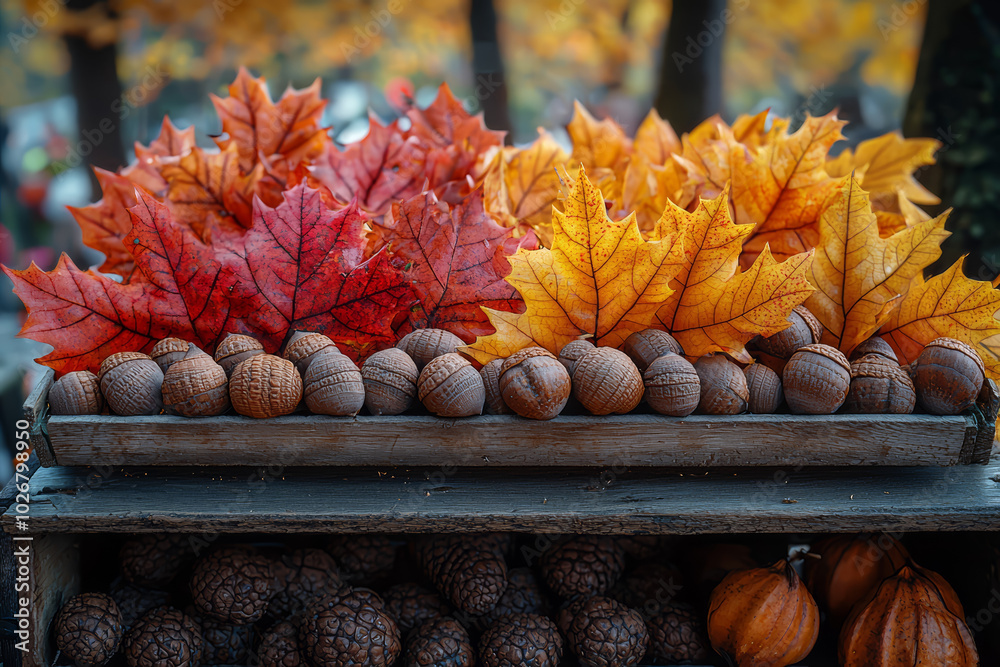 Canvas Prints A table full of colorful autumn leaves and acorns at a craft fair, inspiring visitors to create fall-themed art. Concept of nature.