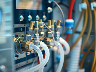Close up of endoscope reprocessing machine showcasing intricate valves and tubing, highlighting technical aspects of medical equipment. image conveys precision and advanced technology in healthcare