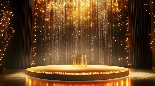 3. **Radiant Ceremony Scene**: Design a striking award ceremony backdrop featuring a high-end podium illuminated by dazzling glitter lights. The dynamic lighting should create an enchanting ambiance,