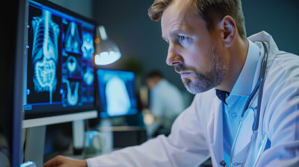 gastroenterologist analyzing endoscopic images with focus and precision, showcasing importance of technology in modern medicine