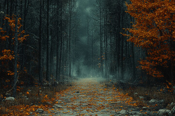 A spooky forest path covered in fallen leaves, evoking the mystery and magic of the Halloween season. Concept of nature.