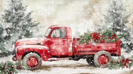 Charming Watercolor Christmas Truck Adorned With Winter Greens Beneath Falling Snowflakes, Creating a Festive Holiday Atmosphere. Generative AI