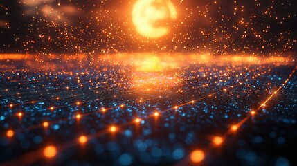 A mesmerizing digital scene with vibrant colors and glowing particles. The setting creates an otherworldly atmosphere resembling a futuristic night sky.