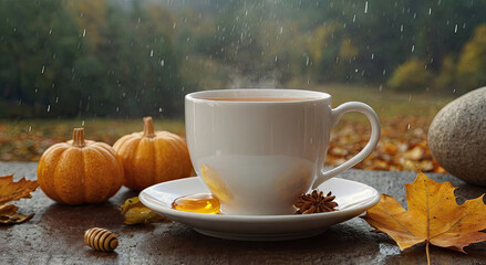 A white mug with hot tea stands on the table among small pokes and autumn leaves