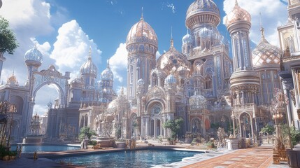 Obraz premium A stunning city with ornate buildings and domes, decorated with dazzling diamonds and intricate jewelry designs