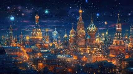 Fototapeta premium Stunning cityscape of ornate buildings and domes covered in sparkling diamonds and precious jewels, glowing under the night sky