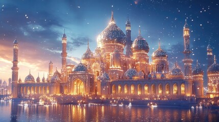 Obraz premium A beautiful cityscape with ornate buildings and domes, encrusted with dazzling diamonds and precious jewels, glowing in the evening light