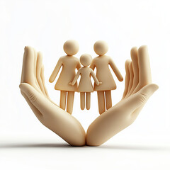 3D icon of hands holding family figures, white background, simple shapes, simple design, clay material, beige color