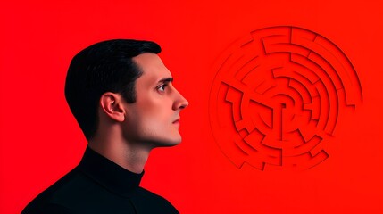 Contemplative man against a vibrant red maze backdrop