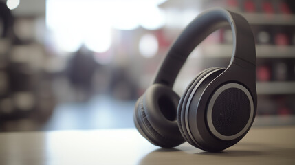 Sleek headphones on a store background, attractively positioned with slight tilt, symbolizing a sale, emphasizing modern design and audio technology.