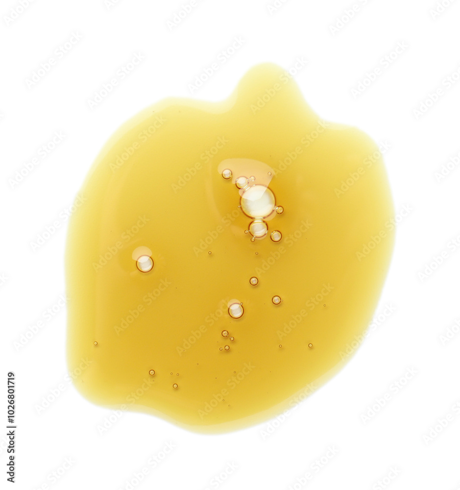 Sticker Essential oil drop isolated on white, top view. Cosmetic product