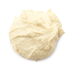 Sample of delicious hummus isolated on white, top view