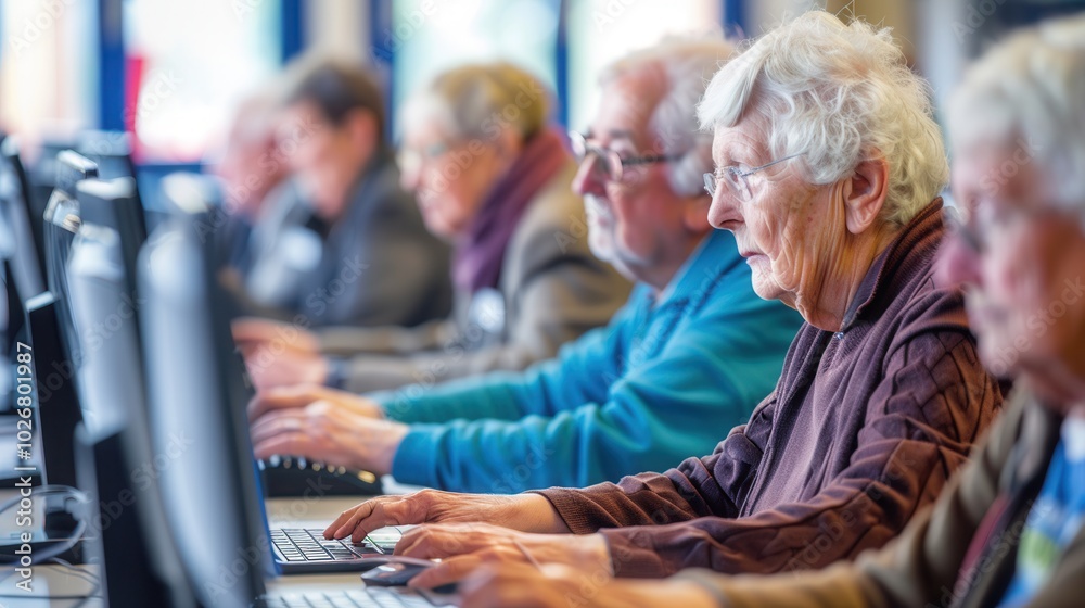 Poster a group of older adults is focused on learning computer skills using laptops and desktops in a class
