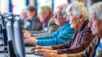 Fototapeta premium A group of older adults is focused on learning computer skills using laptops and desktops in a classroom setting. Generative AI