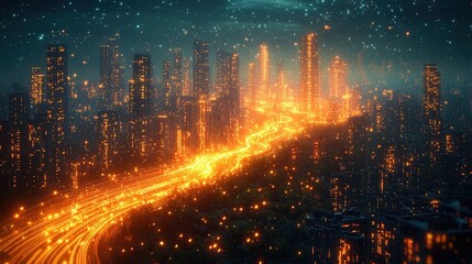 Fototapeta premium A vibrant city skyline illuminated by glowing lights against a dark night sky, showcasing a blend of modern architecture and advanced technology.