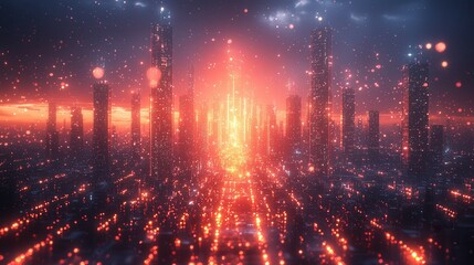 Fototapeta premium A stunning futuristic cityscape illuminated by glowing lights and vibrant colors, showcasing tall skyscrapers against a dusk sky.