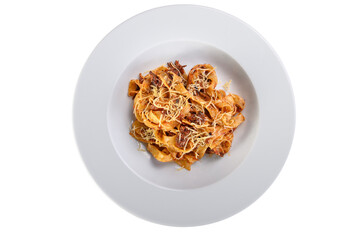 Italian pasta with cheese on a white plate.