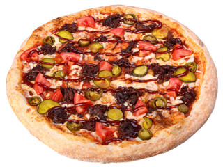 Spicy pizza with jalapeno peppers, tomatoes and pickles isolated on a white background.