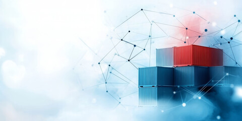 Fototapeta premium A stack of shipping containers with a red container on top, connected by a network of lines and dots.
