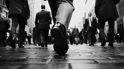 Black and white photo close-up of the feet of a man in a suit walking down the street