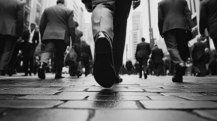 Black and white photo close-up of the feet of a man in a suit walking down the street